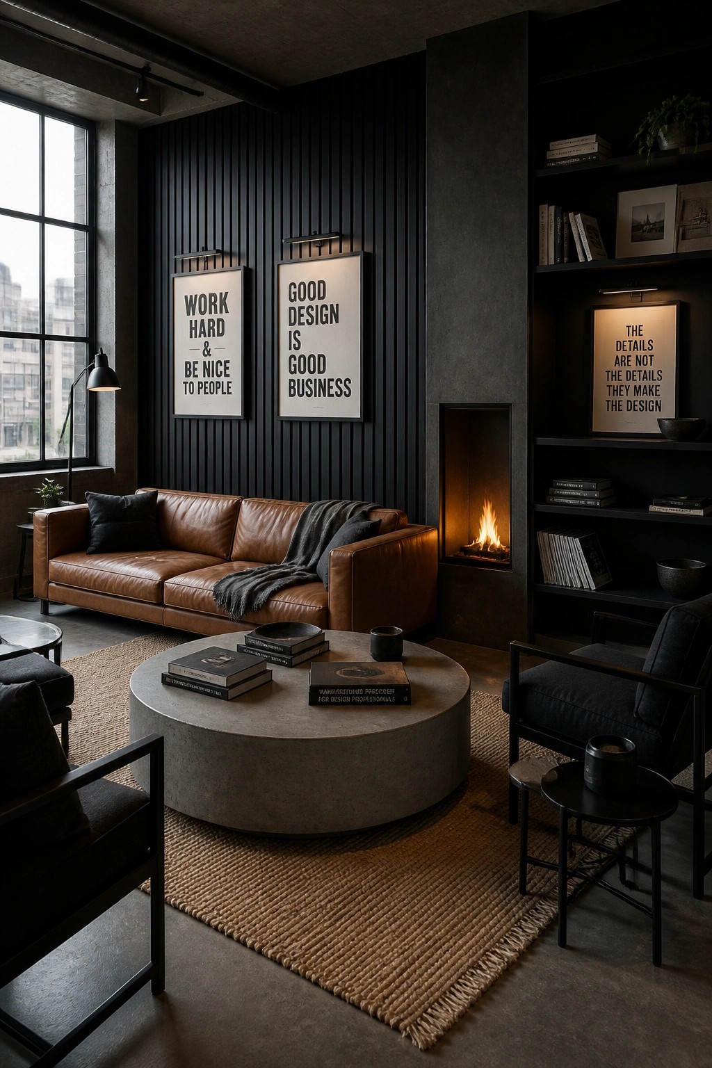 A living room with a brown leather sofa facing a round concrete coffee table, a built-in fireplace set into a black vertically paneled wall, and dark shelving on the right.