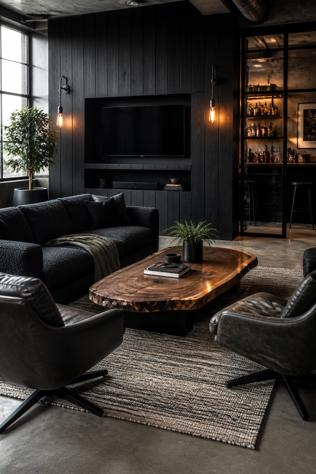 A living room featuring black vertical wood paneling, a wall-mounted TV, a live-edge wood coffee table, black leather swivel chairs, and a dark sectional sofa.