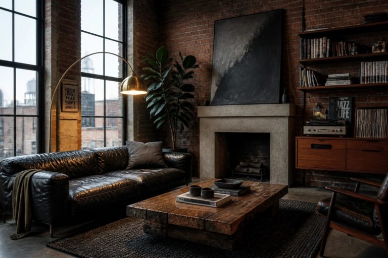 A spacious living room featuring a dark leather sectional sofa, rustic wooden coffee table, exposed brick walls, built-in bookshelves, and a concrete fireplace.