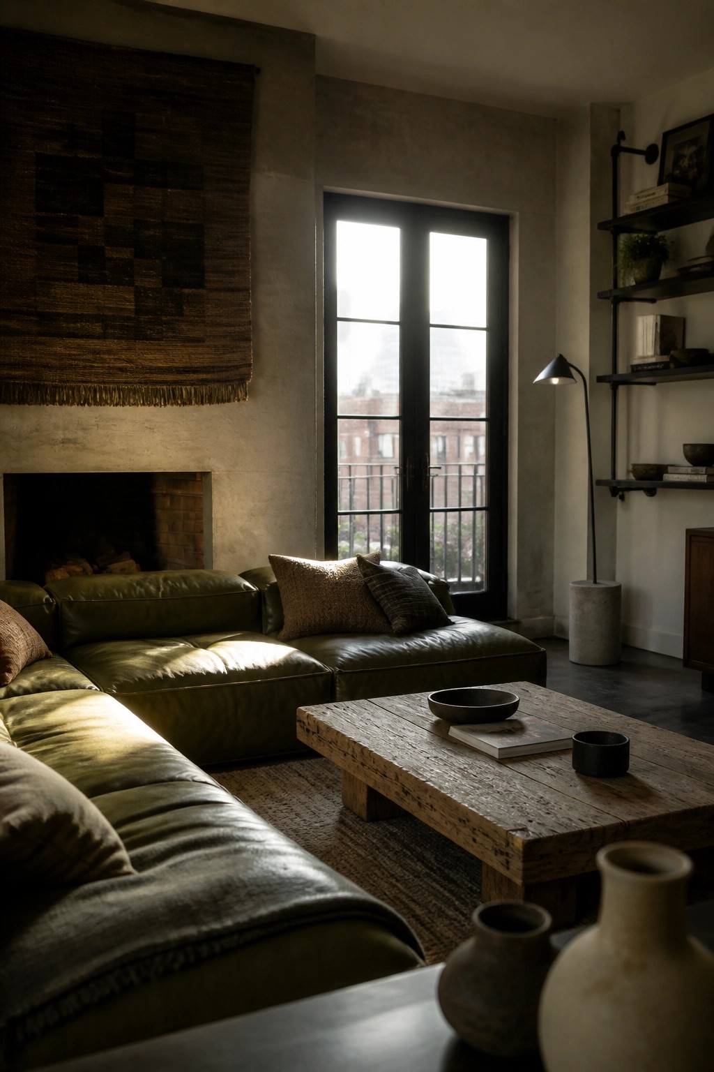 A living room with a green leather sectional sofa, wooden coffee table, concrete walls, and a large black-framed glass door.