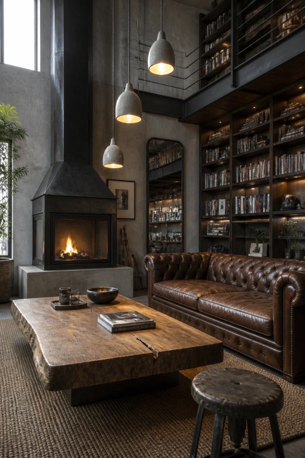 A masculine urban loft living room with a large wooden coffee table in front of a brown leather tufted sofa, a black metal fireplace on a concrete wall, and tall bookshelves on the right.