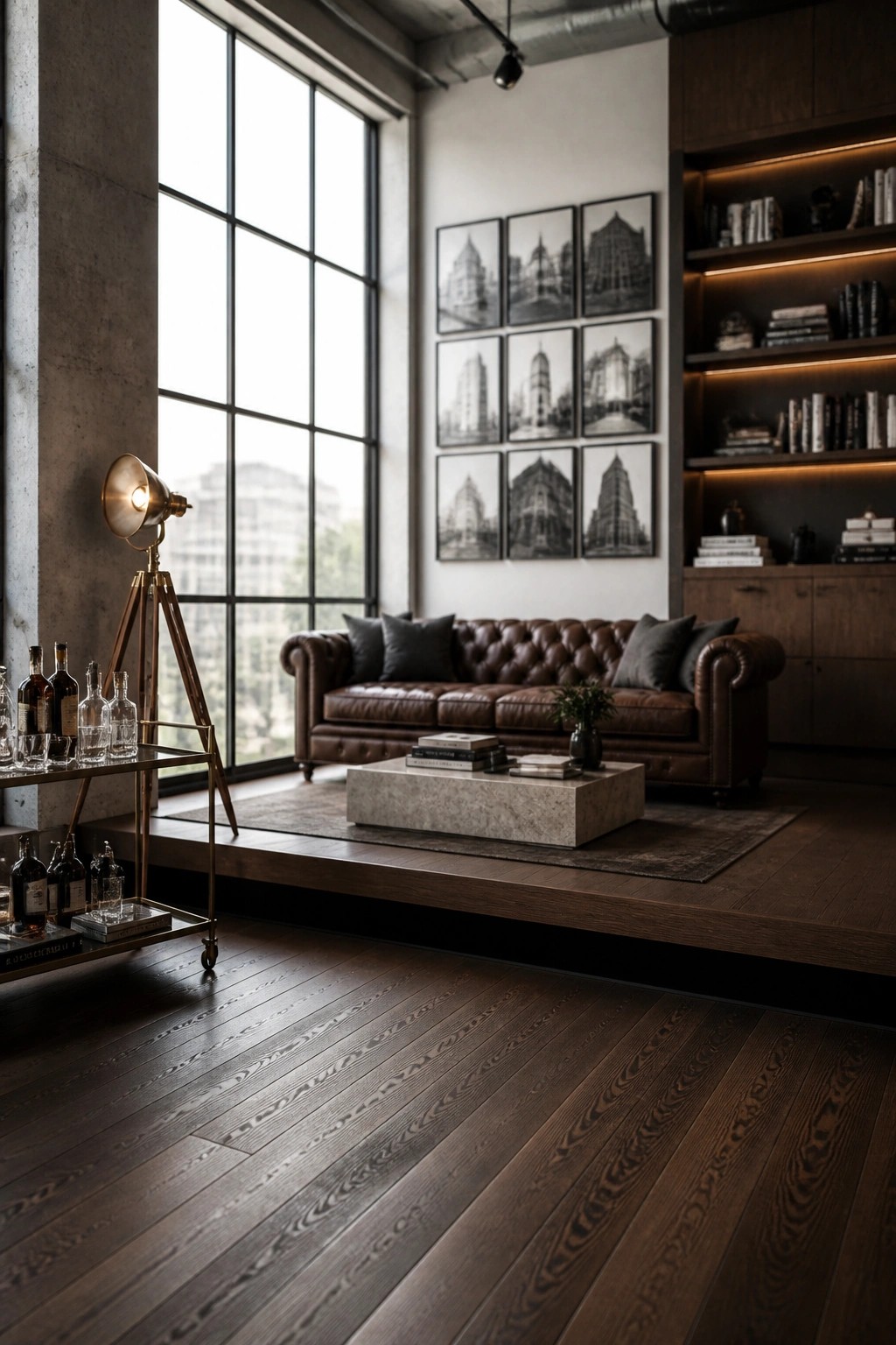 A masculine urban loft living room with a brown leather chesterfield sofa on a raised wood platform, a marble coffee table, built-in backlit bookshelves, and a large black-framed window.