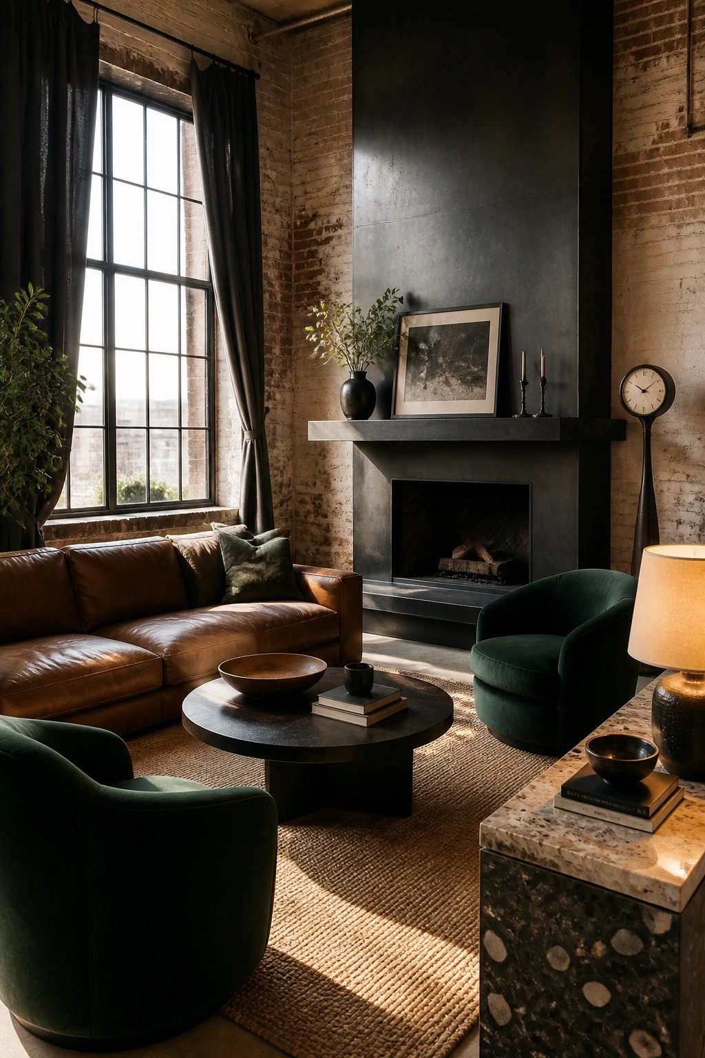 A masculine urban loft living room with a brown leather sofa, two dark green velvet armchairs, a round black coffee table, and a large black fireplace against exposed brick walls.