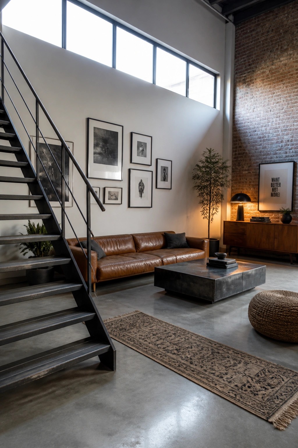 A spacious industrial loft living room featuring a black metal staircase on the left, a brown leather sofa, a dark coffee table, and an exposed brick wall on the right.