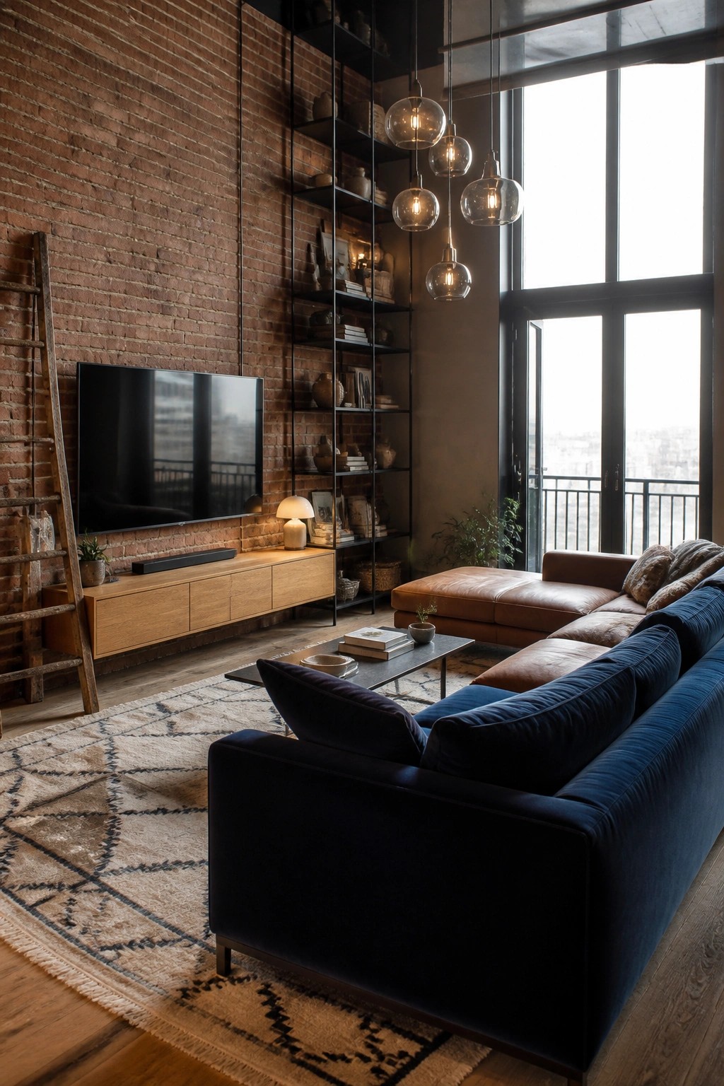A living room with a navy velvet sofa facing a brick wall that holds a flat screen TV on a wooden console and a tall black metal shelving unit filled with books and decor.