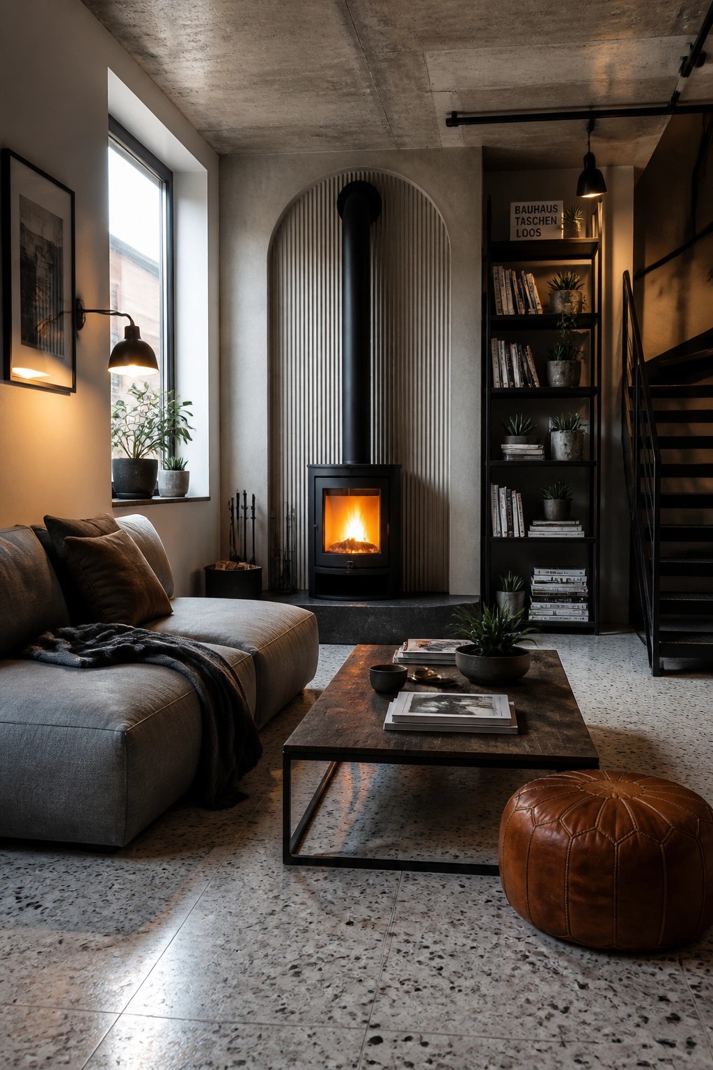 A living room with a black wood stove set inside an arched niche lined with vertical slats, next to a gray sectional sofa and wooden coffee table on a speckled terrazzo floor.