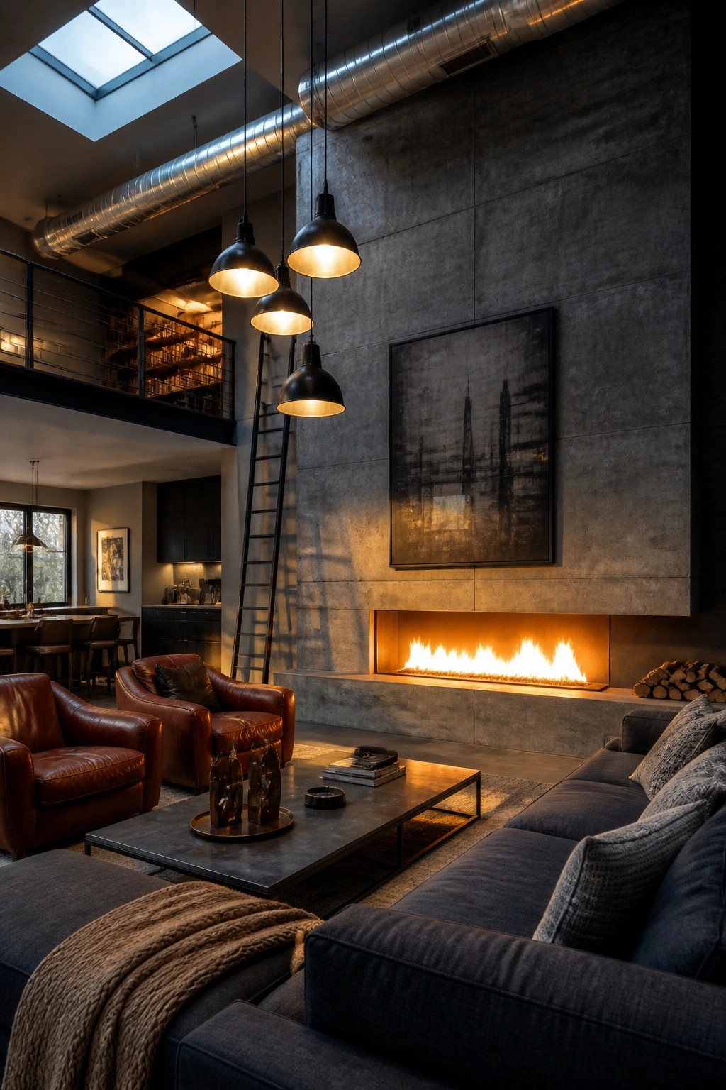 A spacious loft living room featuring a large concrete wall with an integrated fireplace, leather armchairs, a dark sectional, hanging pendant lights, and a ladder leading to an upper level.