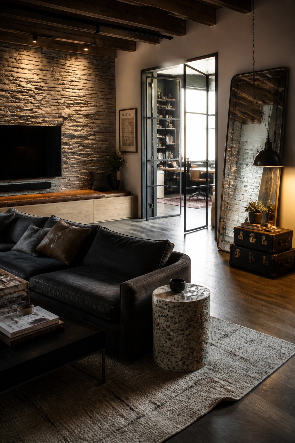 A masculine living room featuring a dark leather sofa against a textured stone wall, with wooden ceiling beams, a round terrazzo side table, and an open doorway revealing a home office beyond.