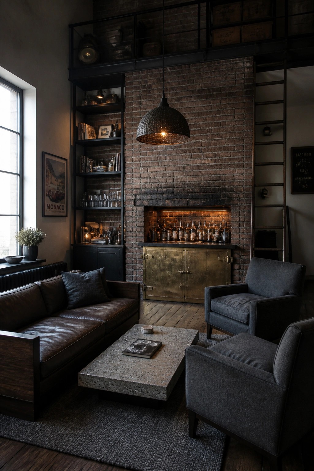 Industrial living room with brick fireplace, leather sofa, gray armchairs, concrete table