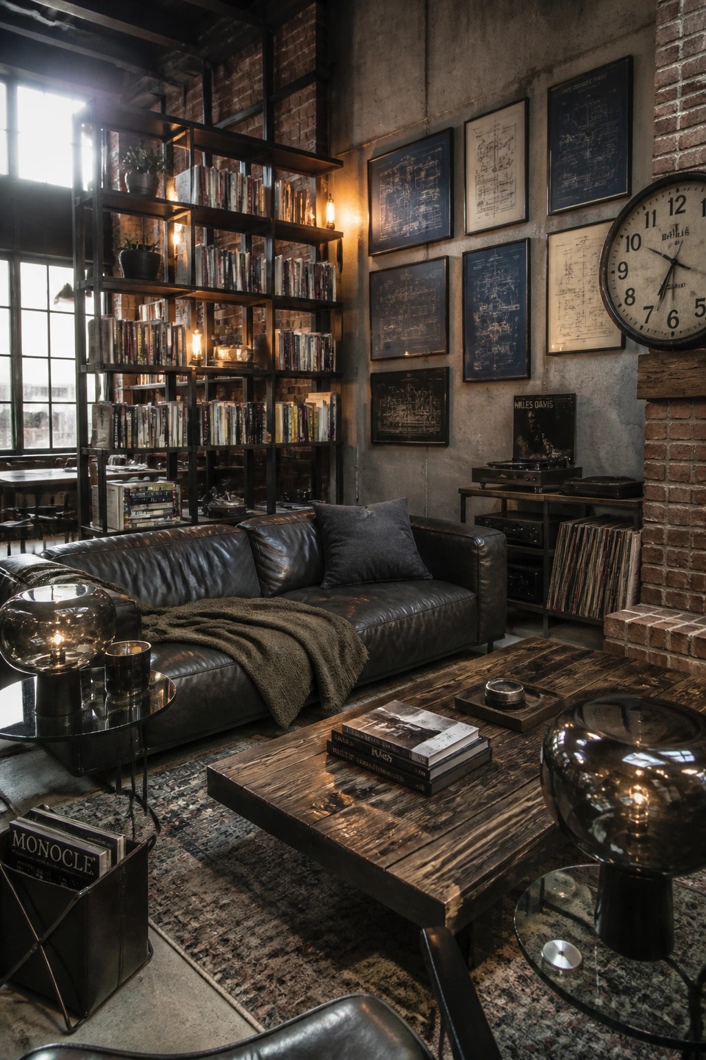 Industrial living room with leather sofa, wooden table, bookshelves, and blueprint art.