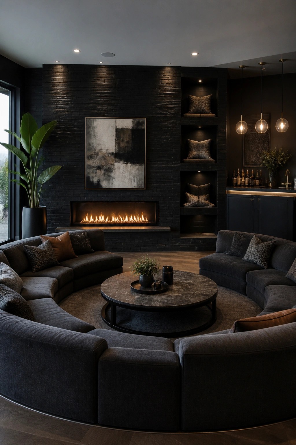 A dark modern living room featuring a large curved gray sectional sofa arranged around a round coffee table, facing a linear fireplace set into a black brick wall with built-in shelves.