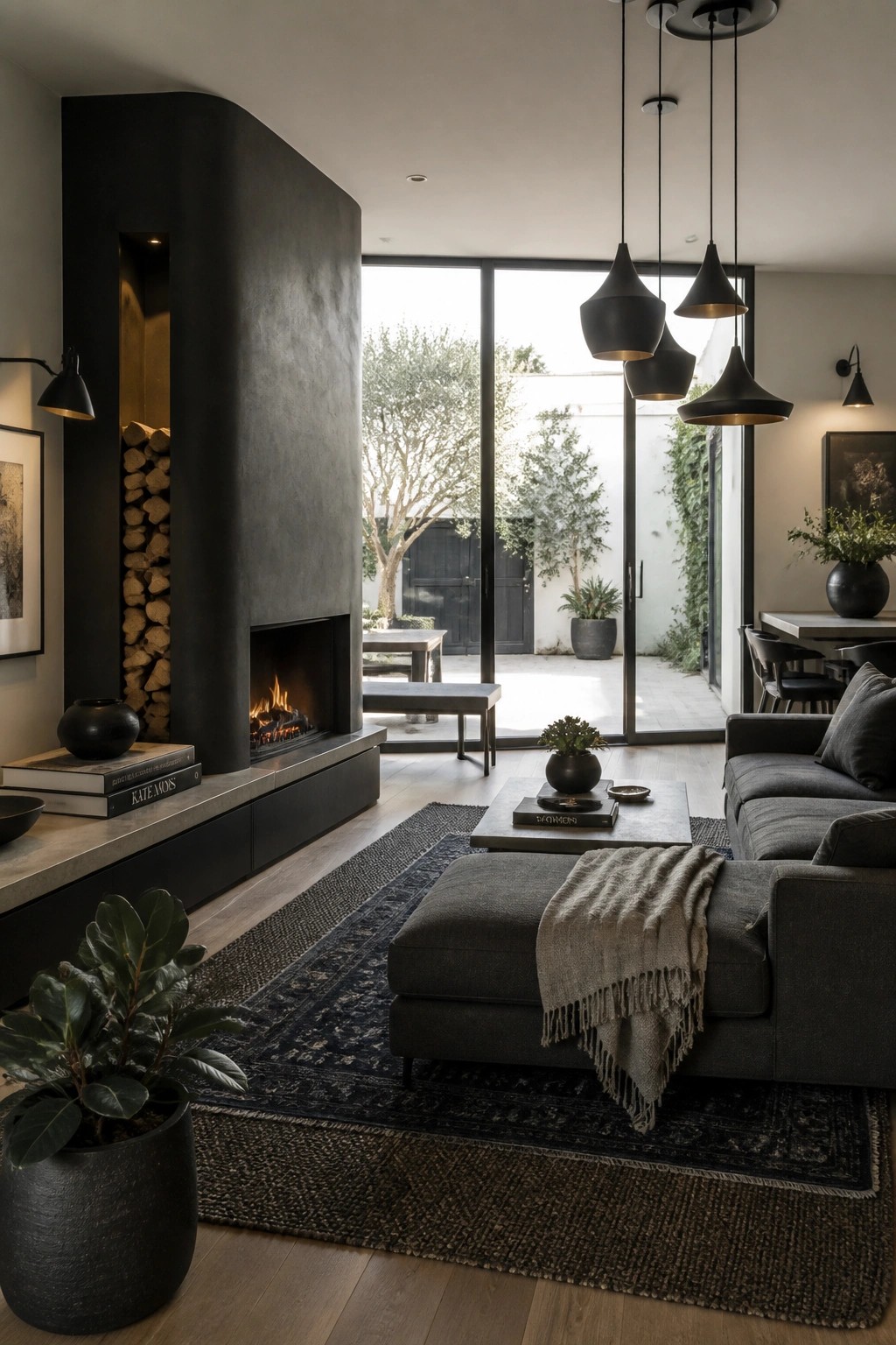 A modern living room with a tall black fireplace wall, integrated wood storage niche, dark sectional sofa, and large glass doors to an outdoor patio.