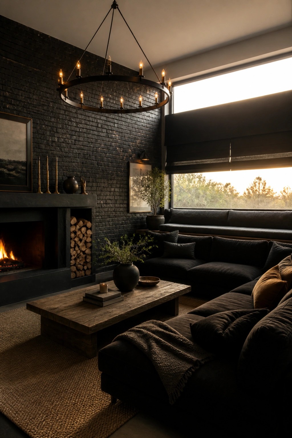 A dimly lit living room featuring a black brick accent wall, a dark sectional sofa, a wooden coffee table, a fireplace with stacked wood, and a large circular chandelier.