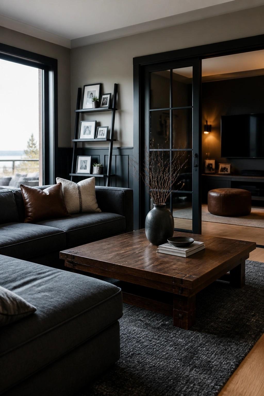A modern living room featuring a dark gray sectional sofa, wooden coffee table, black framed glass door, and a leaning ladder shelf with framed photos against gray walls.
