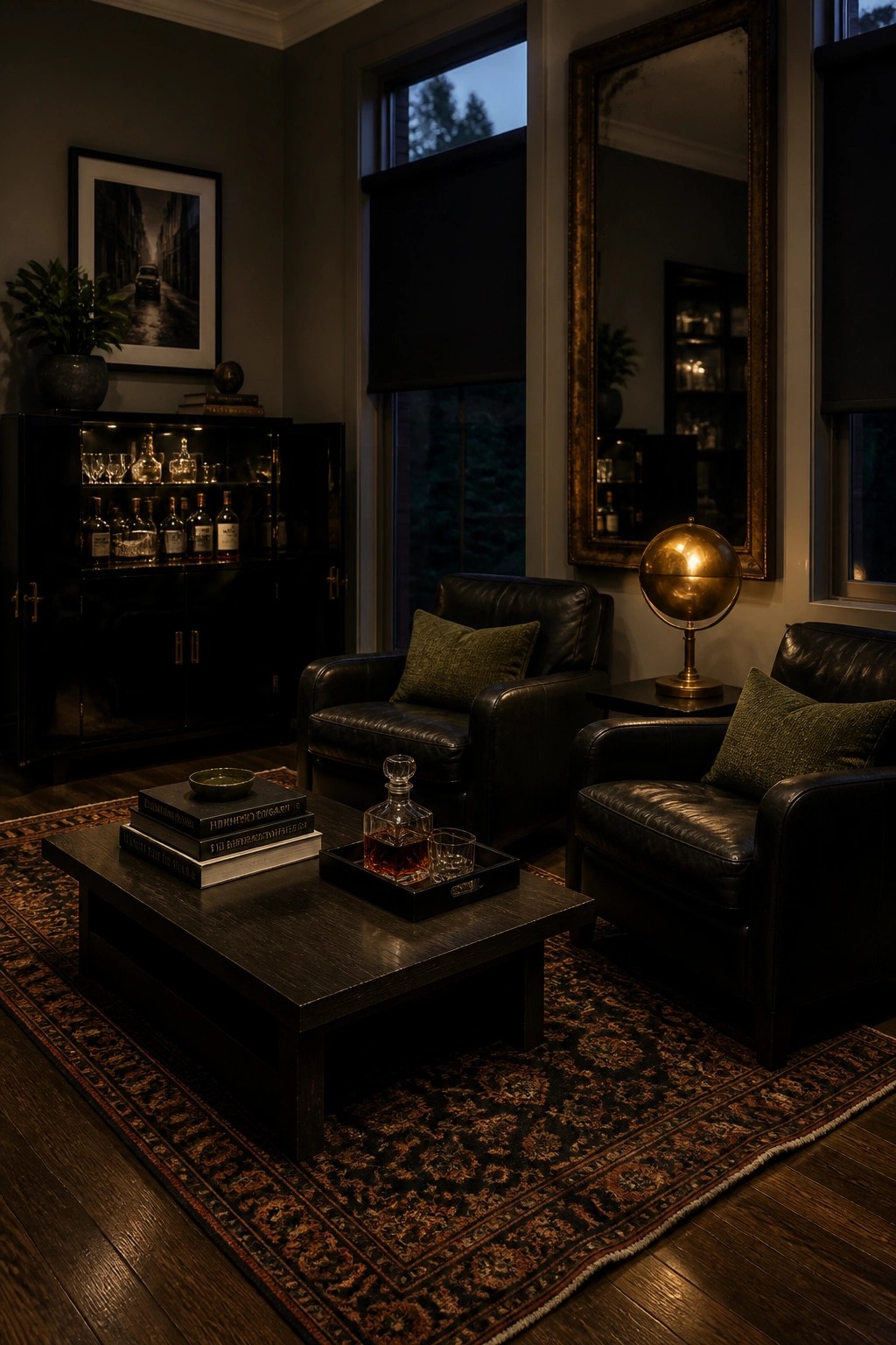Dimly lit lounge with black leather chairs, whiskey decanter, globe, and ornate mirror.
