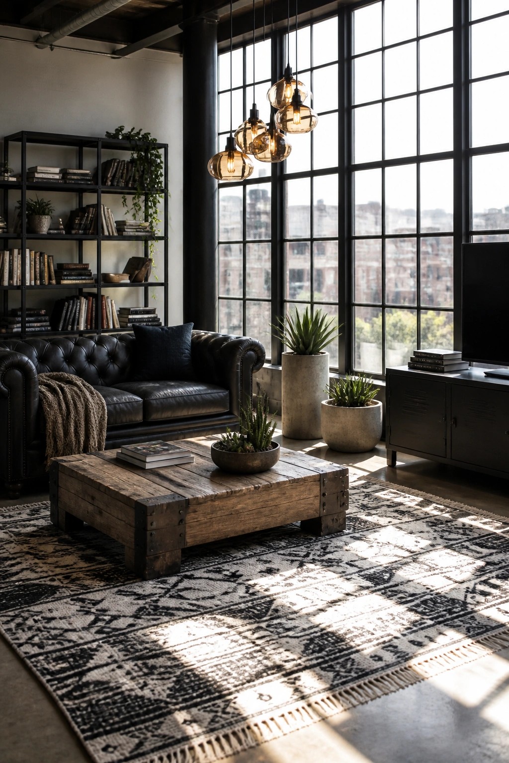 A modern living room featuring a black tufted leather sofa, rustic wooden coffee table on a patterned rug, black metal shelving unit, and large grid windows with hanging glass pendant lights.