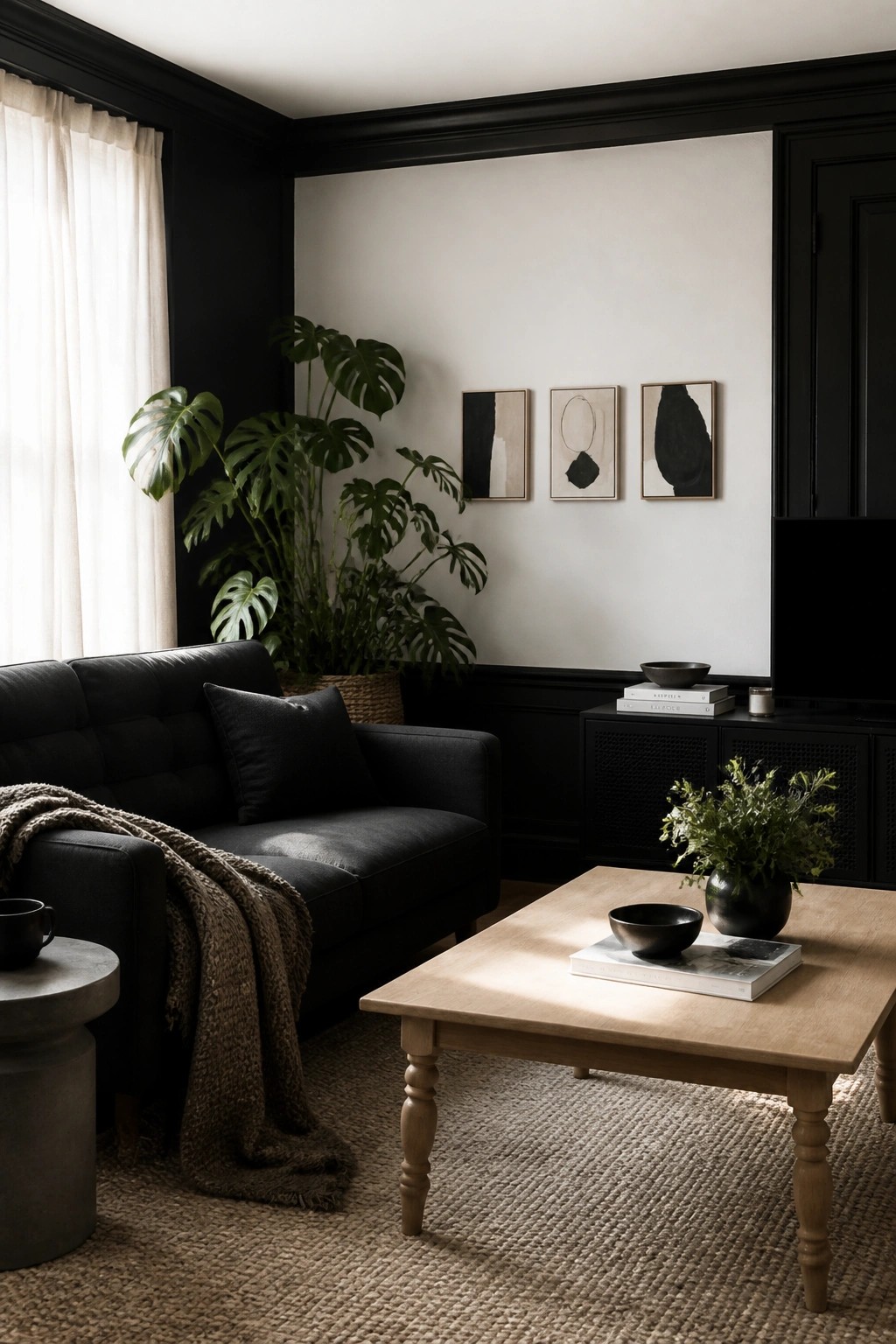 A living room with black walls, a black tufted sofa, a light wood coffee table, and several large houseplants on a woven rug.