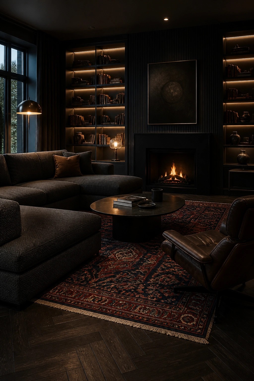 Dark living room with fireplace, bookshelves, sofa, leather chair, and patterned rug.