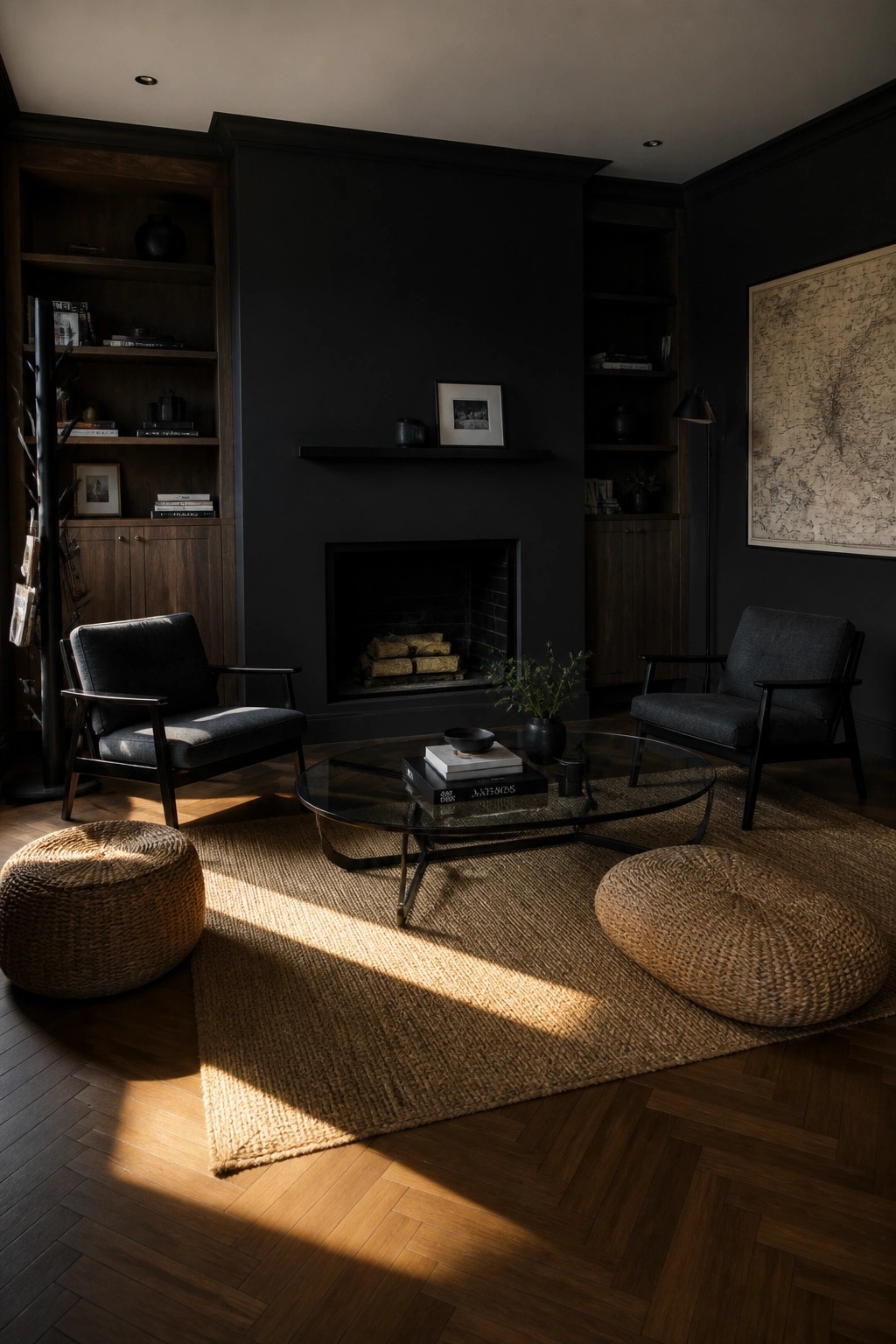 A living room with black walls, a central fireplace flanked by dark built-in shelves, two dark armchairs, a round glass coffee table, and two woven ottomans on a large jute rug.