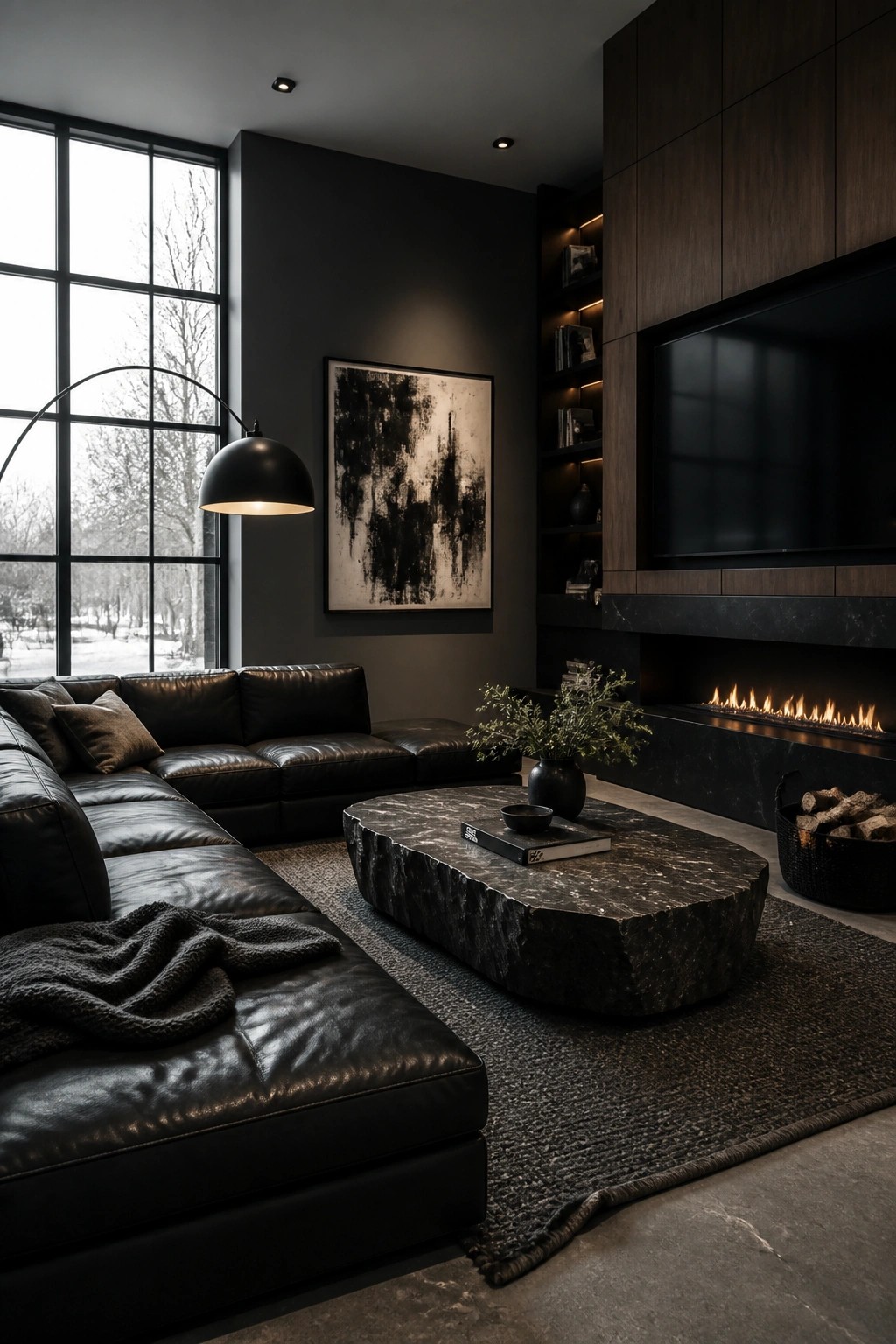 A modern living room featuring a black leather sectional sofa, a large dark stone coffee table, black walls, and a built-in fireplace with a television above it.