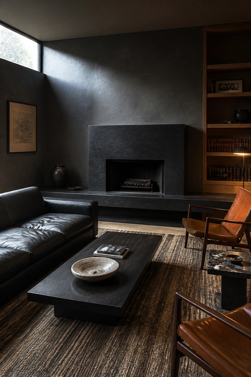 A modern living room featuring black walls, a large black fireplace, a black leather sofa, brown leather armchairs, a dark wood coffee table, and built-in wooden shelving.