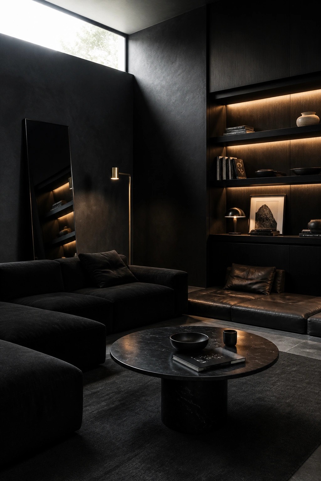 A dark modern living room with black walls, black modular sofas, a round black marble coffee table, built-in illuminated shelves, and a tall floor lamp.