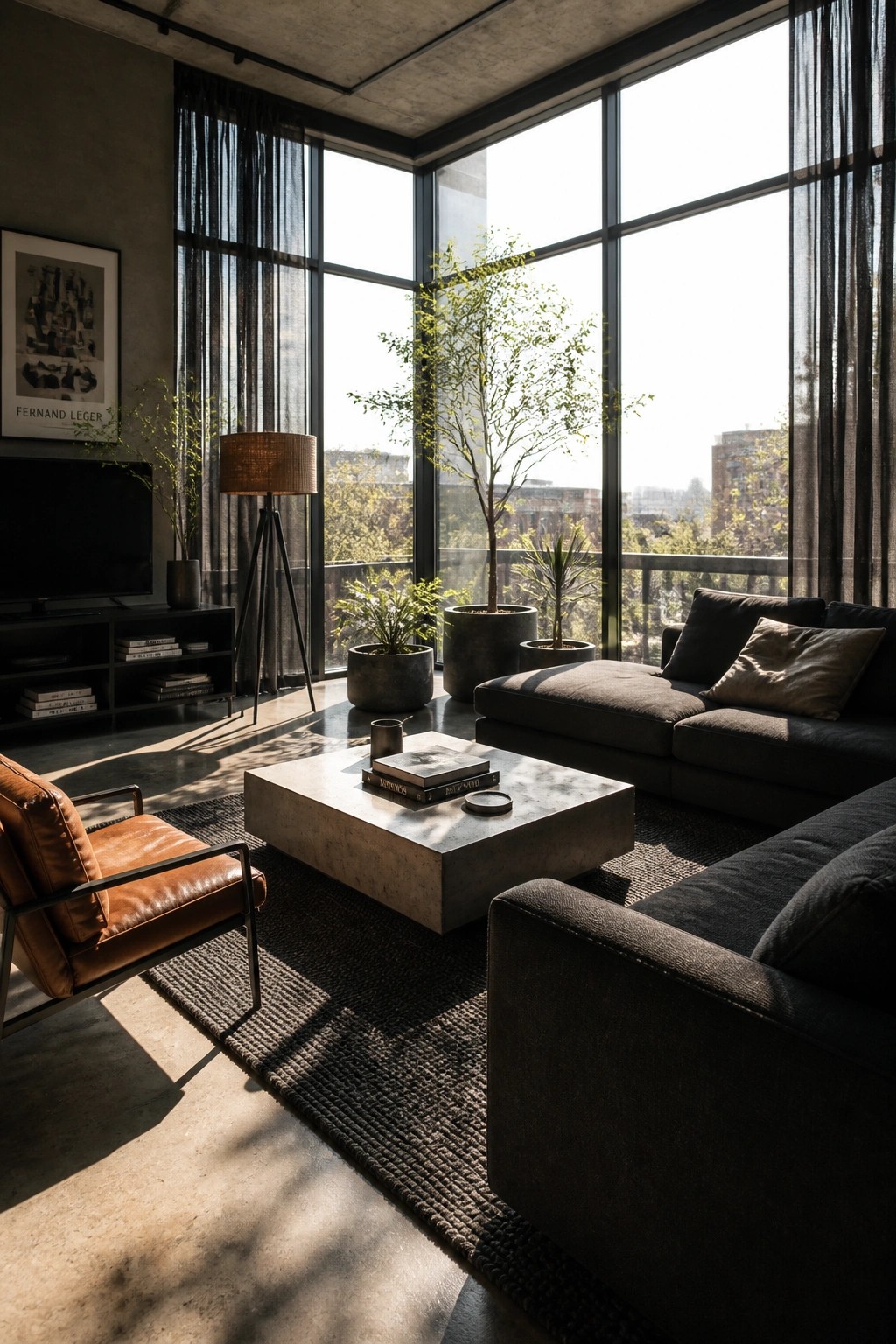 A modern living room featuring a dark gray sectional sofa, brown leather armchair, concrete coffee table, and large windows with sheer curtains.