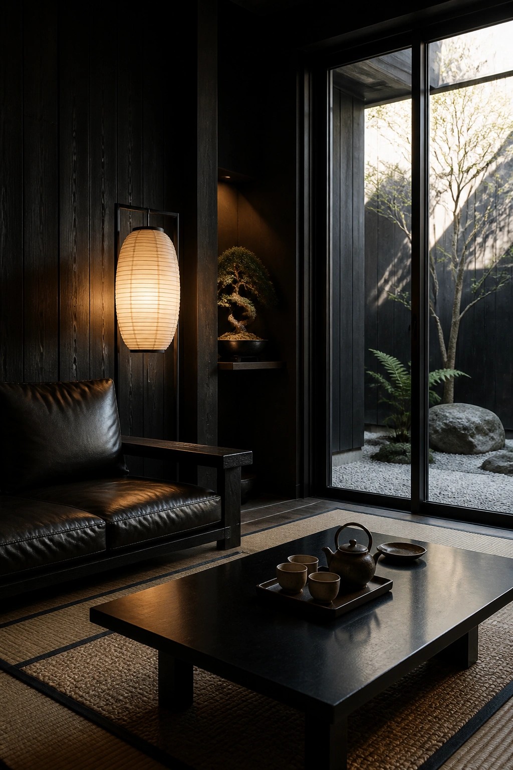 Interior view of a dark wood living room with black leather sofa, low black coffee table on tatami mats, paper lantern, and open sliding doors to a garden.