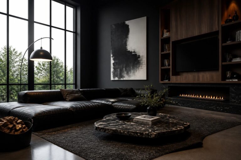 24 Black Modern Masculine Living Room Ideas That Look Striking A modern living room featuring a black leather sectional sofa, a large dark stone coffee table, black walls, and a built-in fireplace with a television above it.