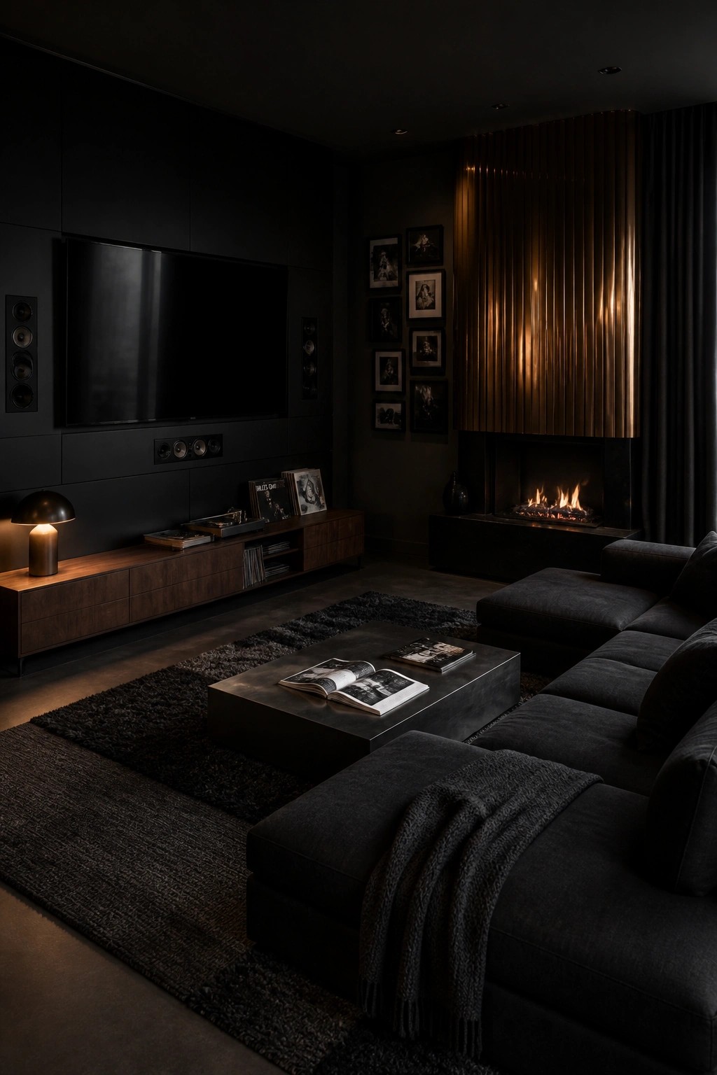 A modern living room featuring black walls, a wall-mounted TV above a wooden media console, a fireplace with vertical wood slats, and a dark sectional sofa on a textured rug.