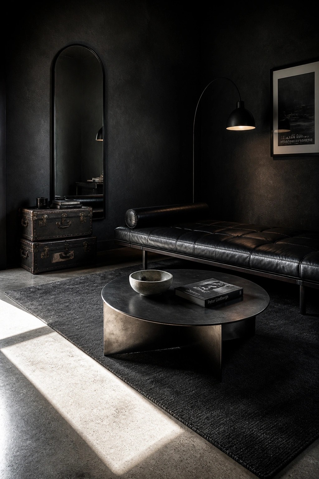 A dark living room with black walls, a black leather daybed, a round metal coffee table on a dark rug, stacked trunks, and an arched mirror.
