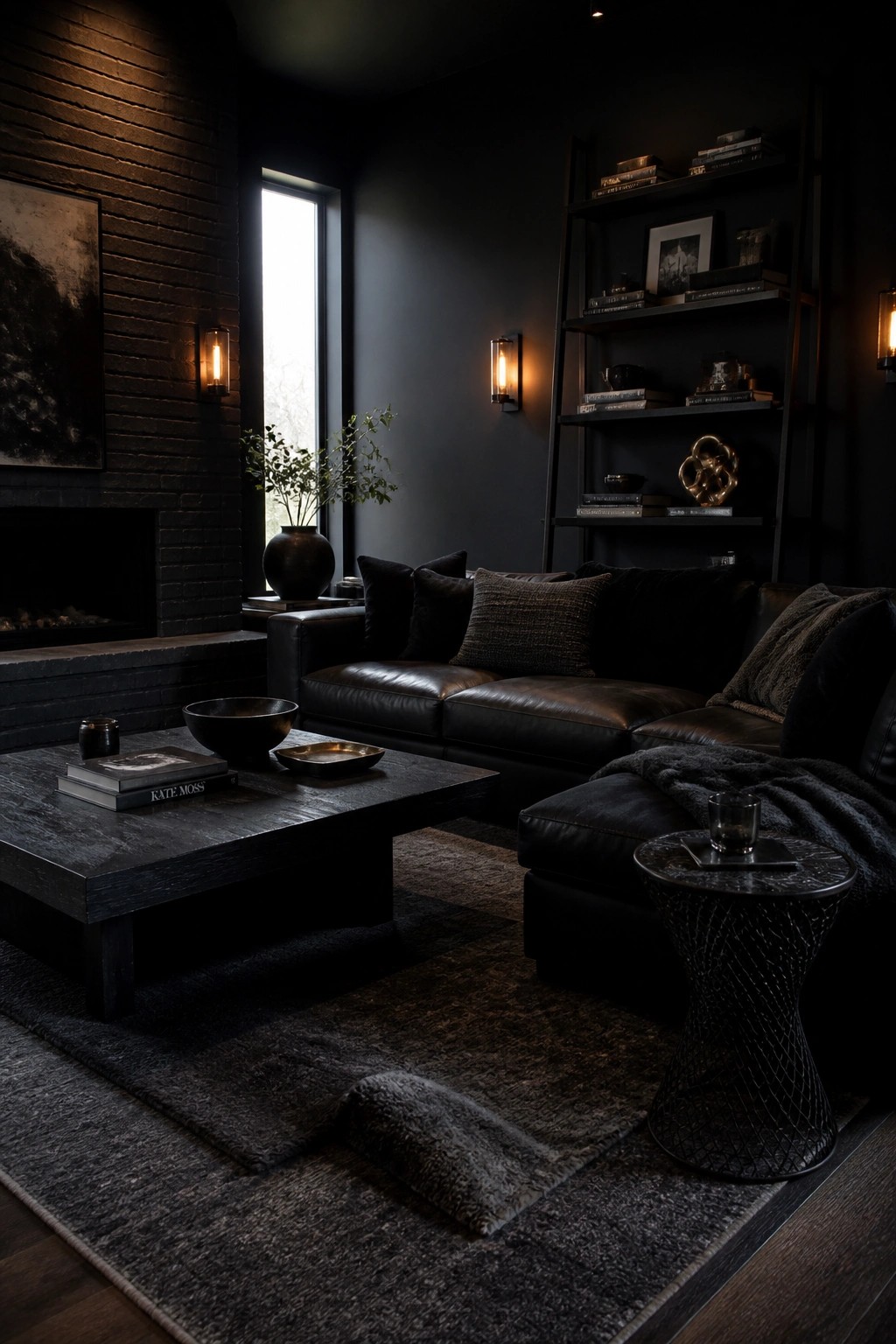 Dark living room with black leather sofa, coffee table, rug, and warm sconces