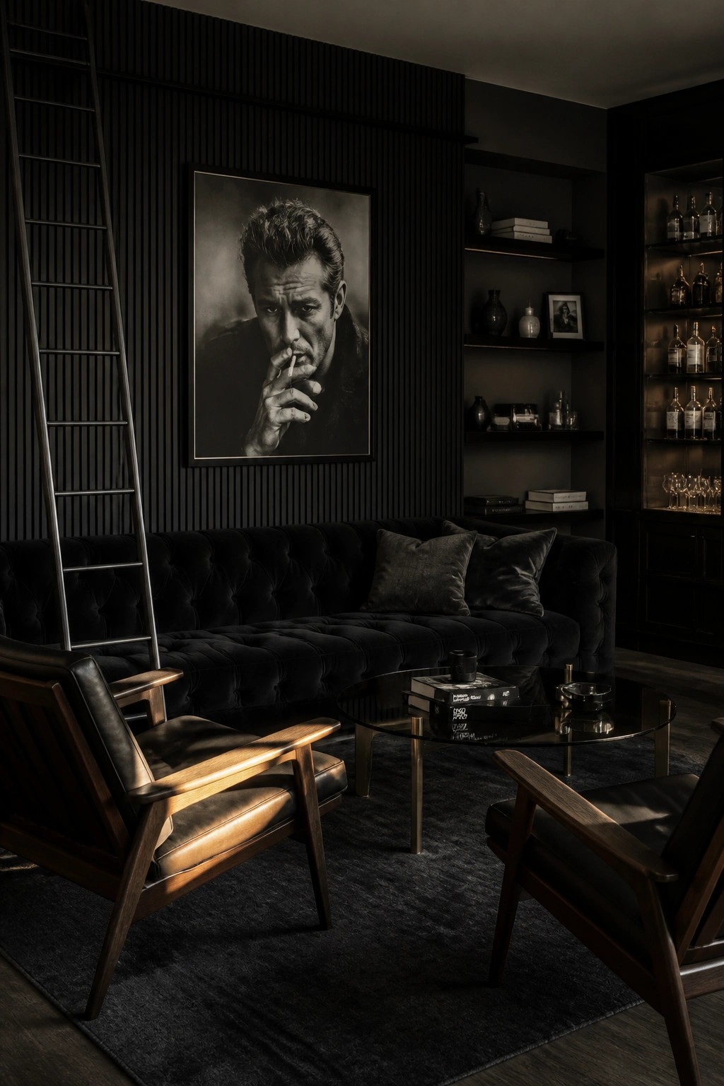 A dark modern living room featuring a black tufted velvet sofa, two wooden and leather armchairs, a round glass coffee table, built-in shelves with bottles, and a large black and white portrait on a vertically paneled wall.