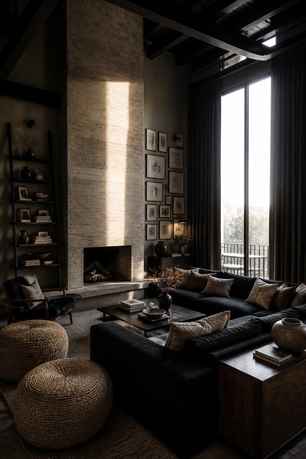 A living room featuring a large black sectional sofa, a tall concrete fireplace, woven poufs, and tall windows with dark curtains.