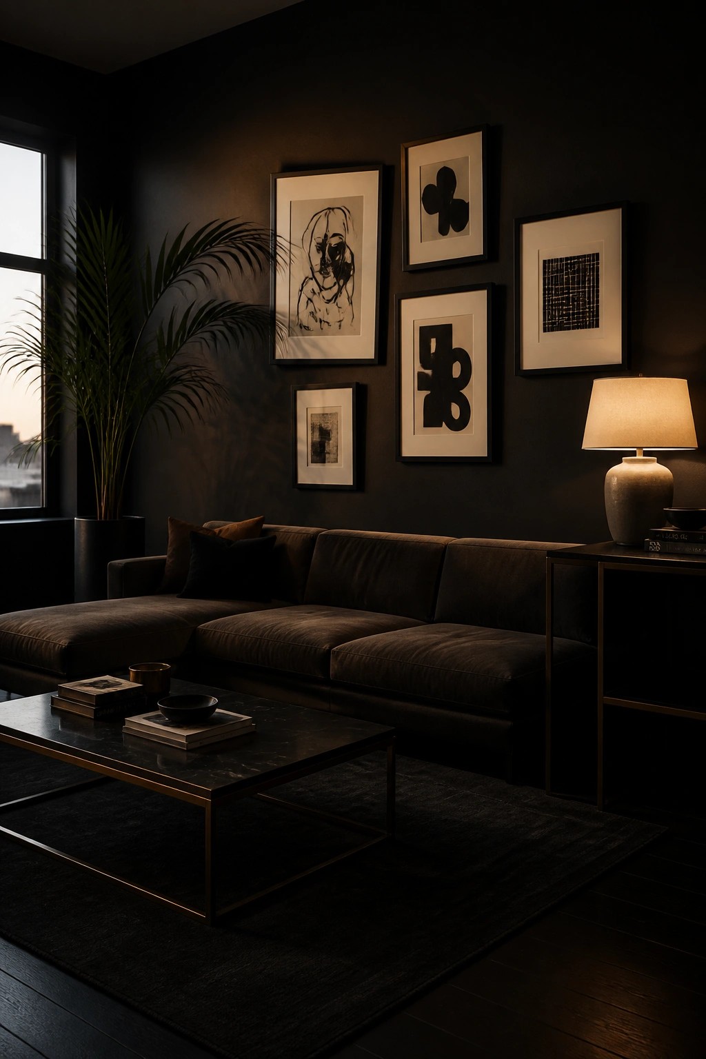 A dark modern living room with black walls, a dark sectional sofa, a gallery wall of black and white abstract art, and a marble coffee table.