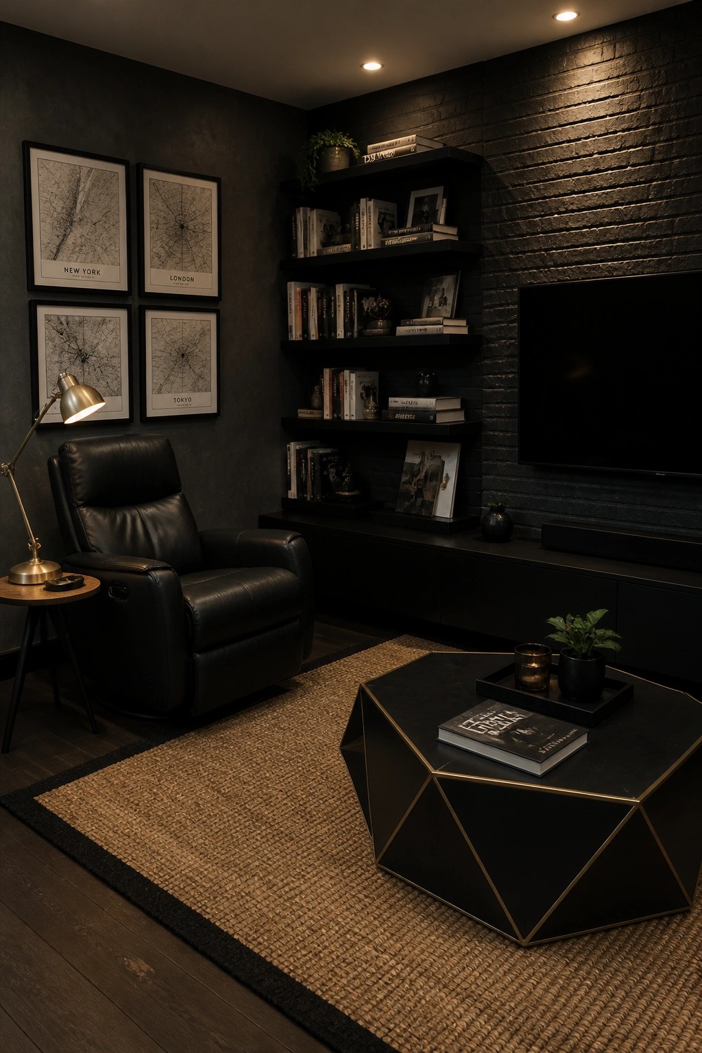 A modern living room with black walls, floating black shelves filled with books, a black leather recliner, a geometric coffee table, and framed maps on the wall.