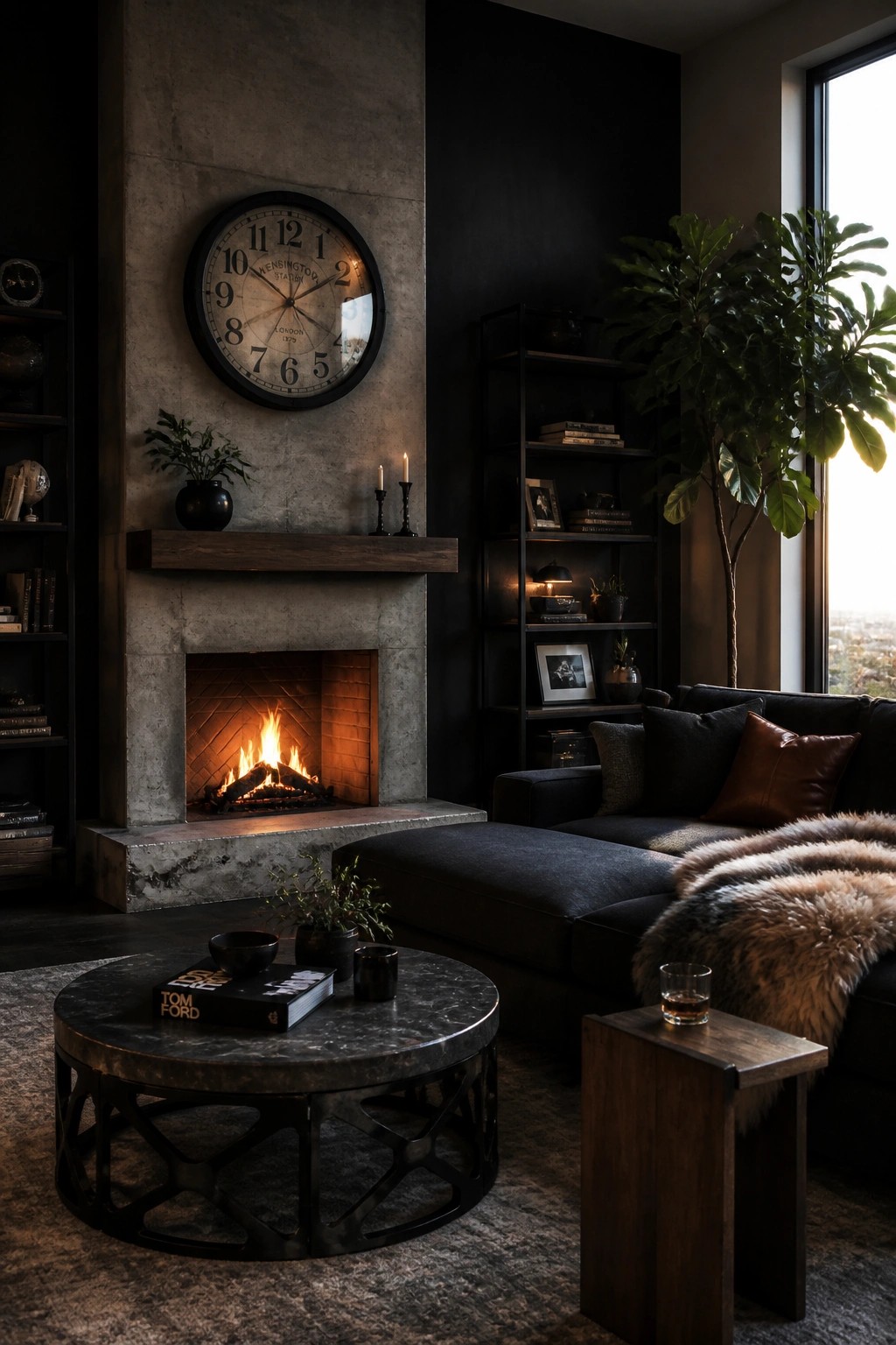 A modern living room with black walls, a concrete fireplace, a large round clock above the mantel, a dark sectional sofa, and a round coffee table.
