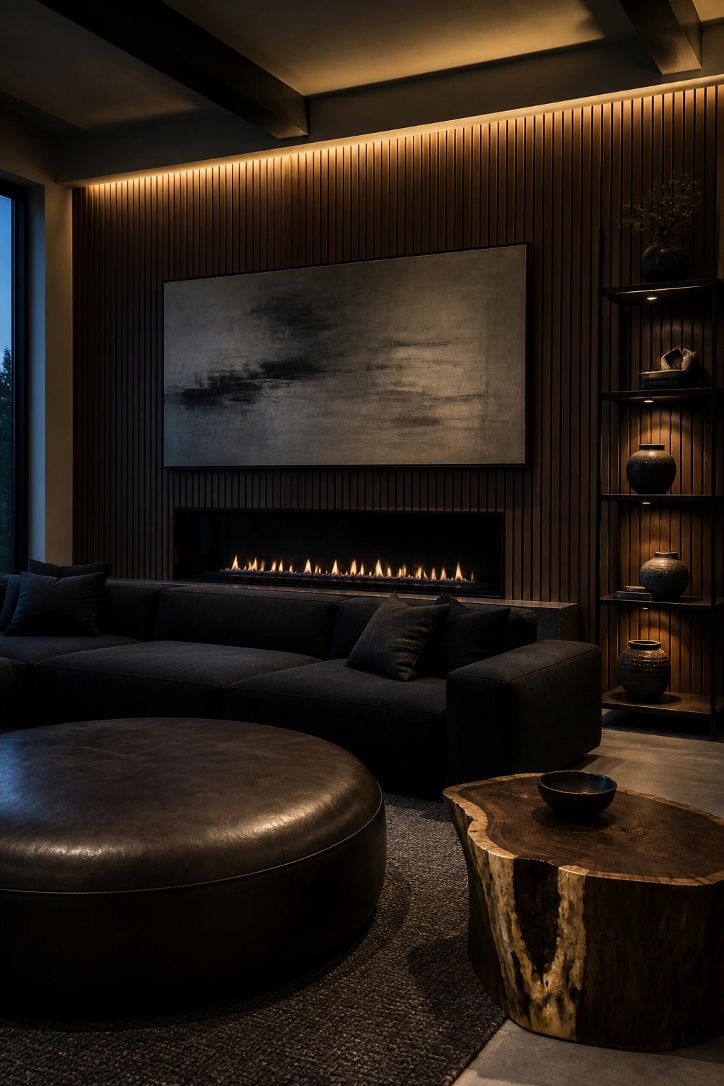 A dark modern living room featuring a black sectional sofa facing a linear fireplace set into a backlit vertical wood slat wall with a large abstract painting mounted above it.