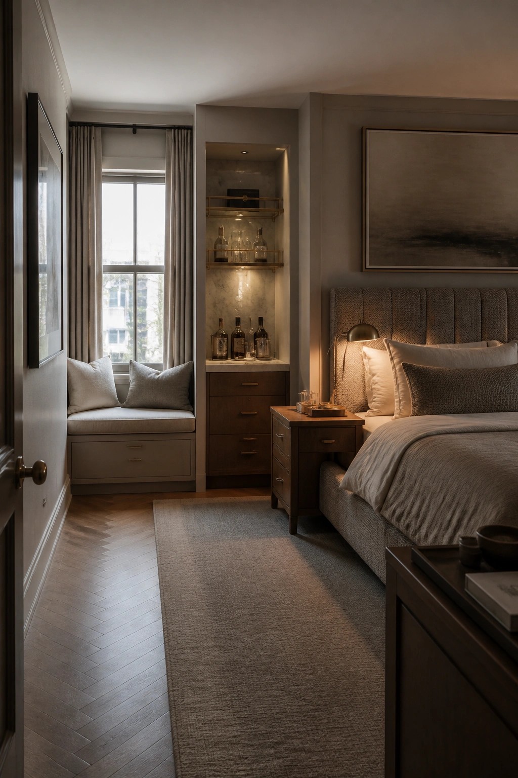 A bedroom interior showing a bed with neutral bedding, a wooden nightstand, and a built-in illuminated niche with glass shelves holding liquor bottles next to a window seat.