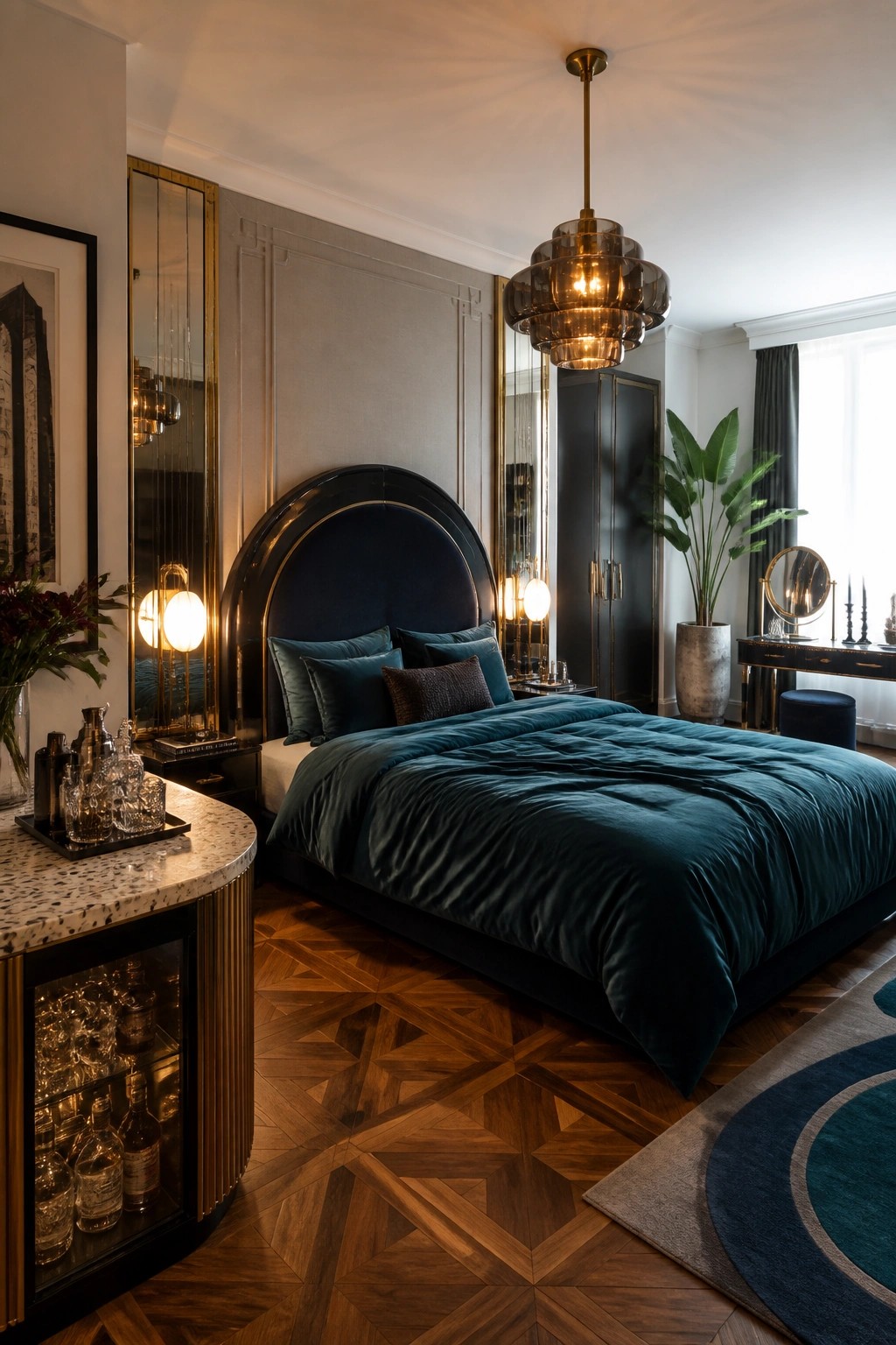 A bedroom with a large curved dark headboard, teal velvet bedding, wood herringbone floor, and a marble bar cart in the foreground.