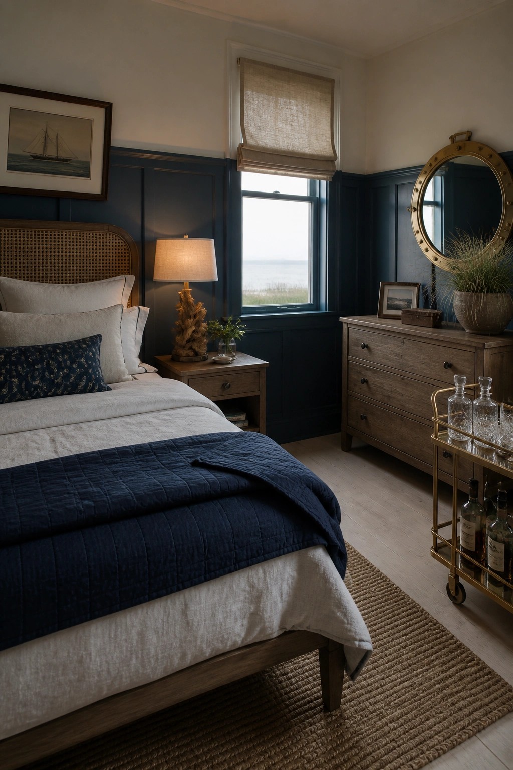 A bedroom interior with a wooden bed, navy blue walls, a dresser, and a gold rolling bar cart holding glass decanters and bottles.