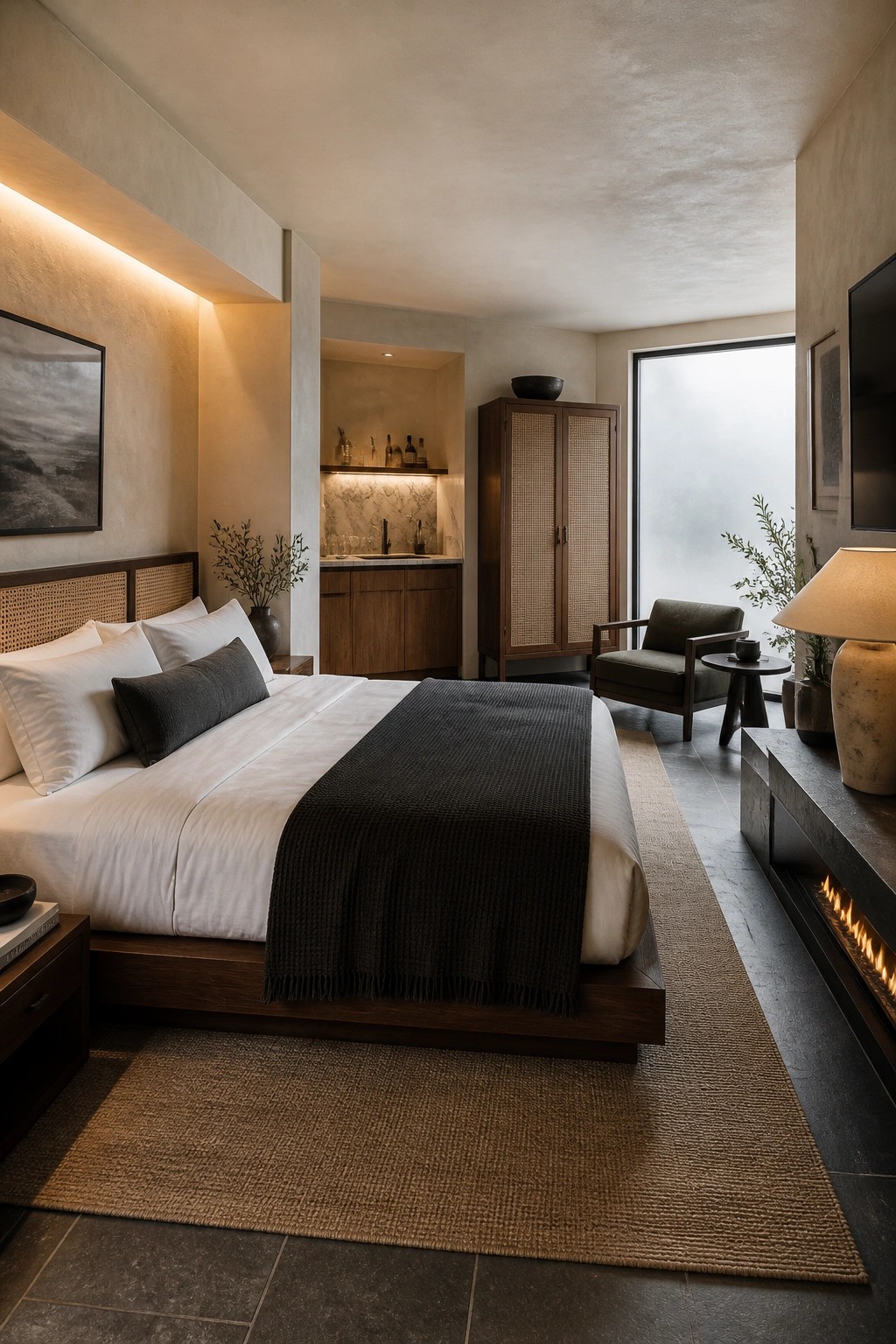 A modern bedroom with a large bed, wooden furniture, a recessed beverage station with sink and shelves, and a linear fireplace beneath a tall window.