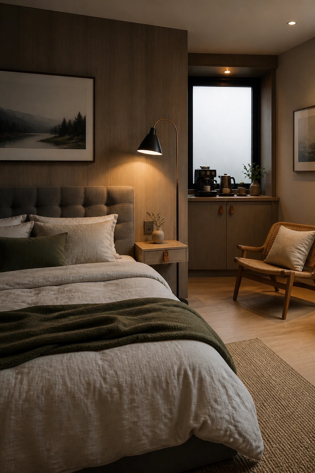 A bedroom with a large bed against wood paneling, a floor lamp, nightstand, and a coffee station visible in the background near a window.