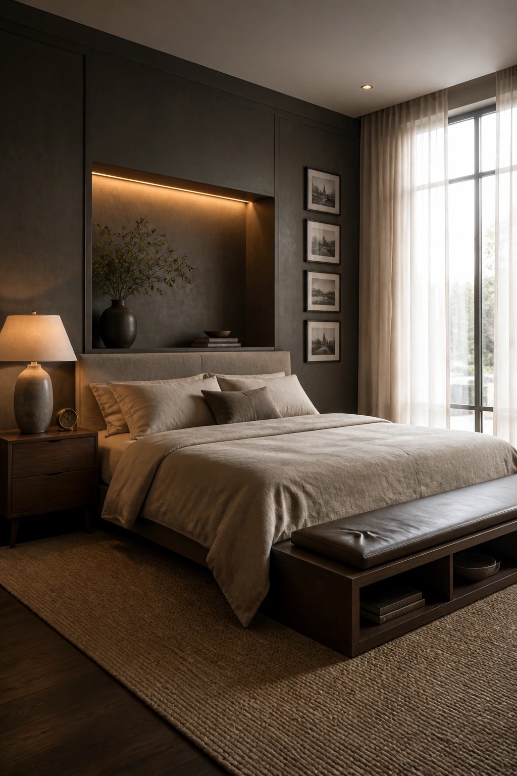 A bedroom with a large bed against a dark wall featuring a recessed backlit alcove containing a vase with branches, a nightstand with a lamp on the left, and a long bench at the foot of the bed.