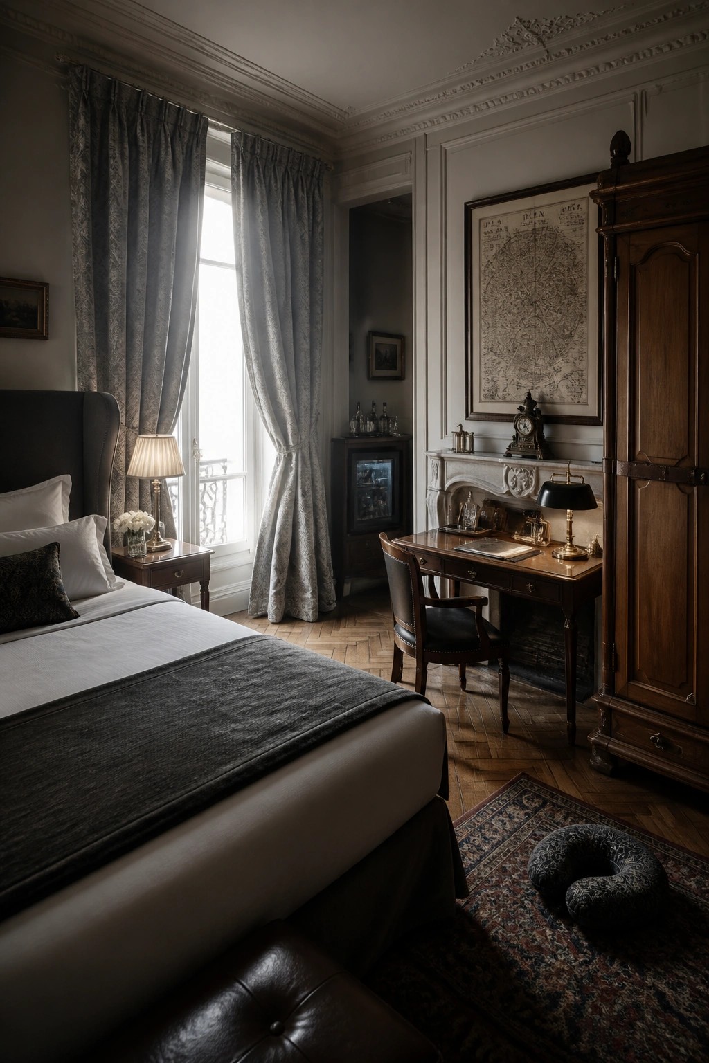 A bedroom interior showing a bed on the left, a wooden desk and chair beneath a large framed vintage map, a tall wooden wardrobe on the right, and windows with patterned gray curtains.