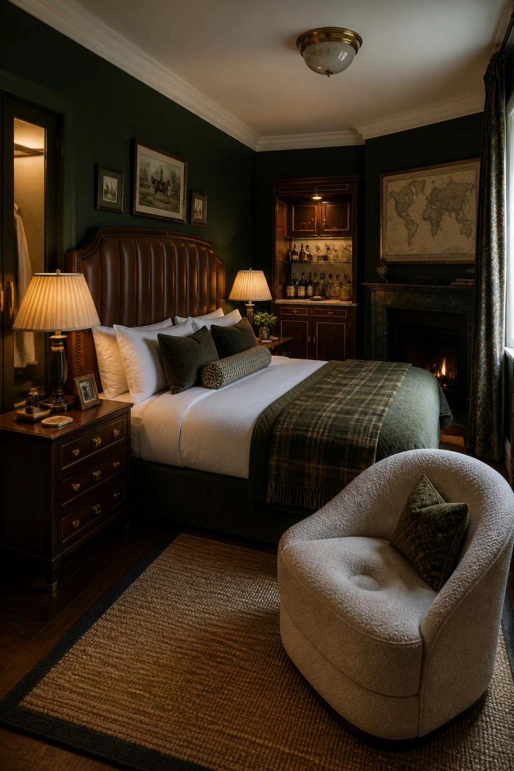 Luxurious dark green bedroom with leather bed, plaid blanket, fireplace, and white bouclé chair