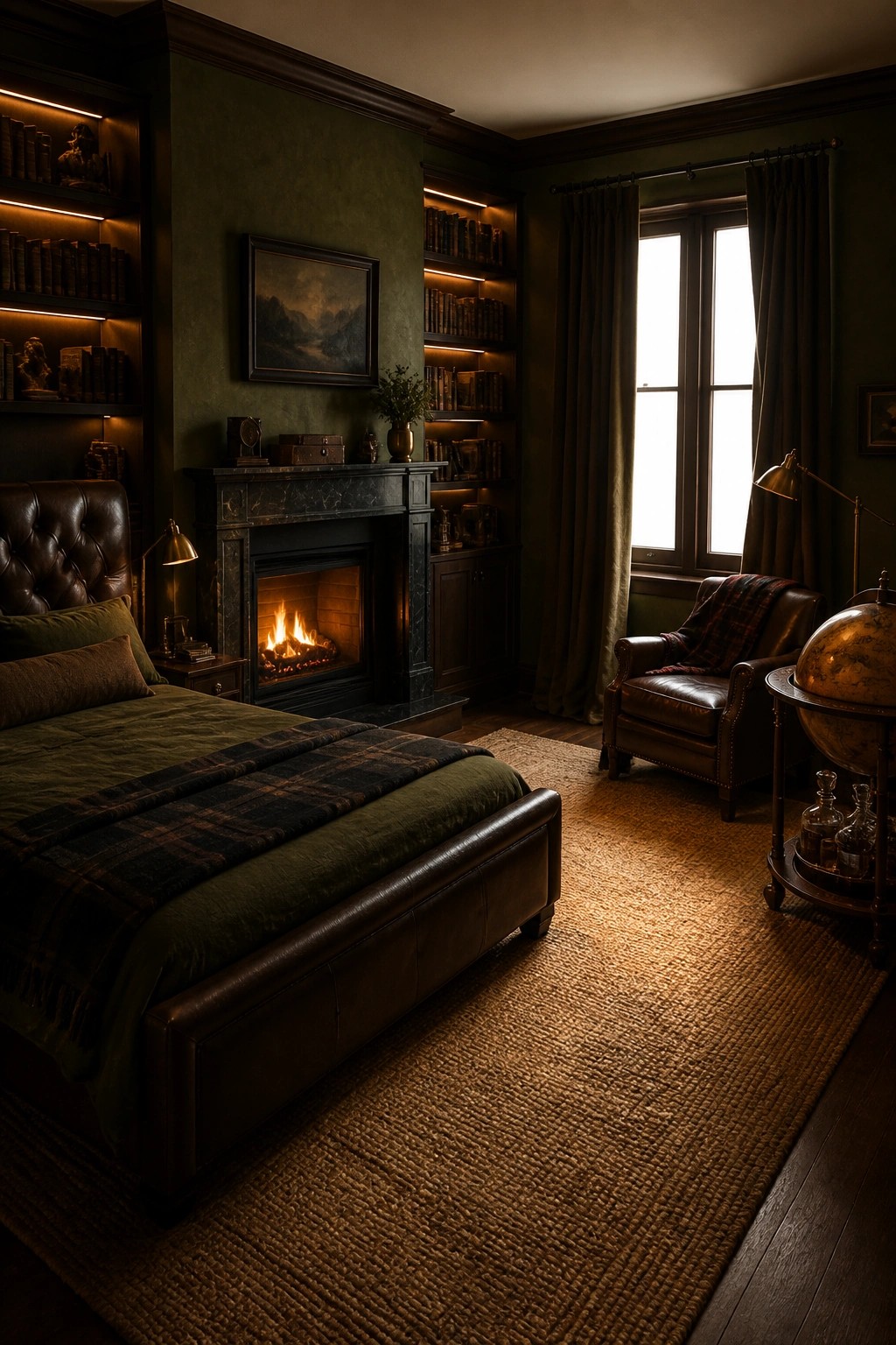 A dark green bedroom with a leather bed in the foreground, a marble fireplace with built-in illuminated bookshelves on both sides, and a leather armchair near a large window.