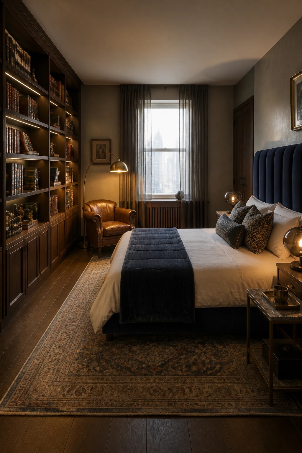 A bedroom with a large bed, built-in dark wood bookshelves along the left wall, a brown leather armchair, and a window with a city view.