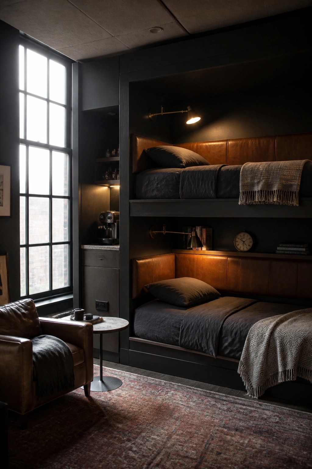 A dark bedroom with two built-in bunk beds featuring brown leather headboards, dark bedding, wall-mounted lamps, and a leather armchair beside a large window.