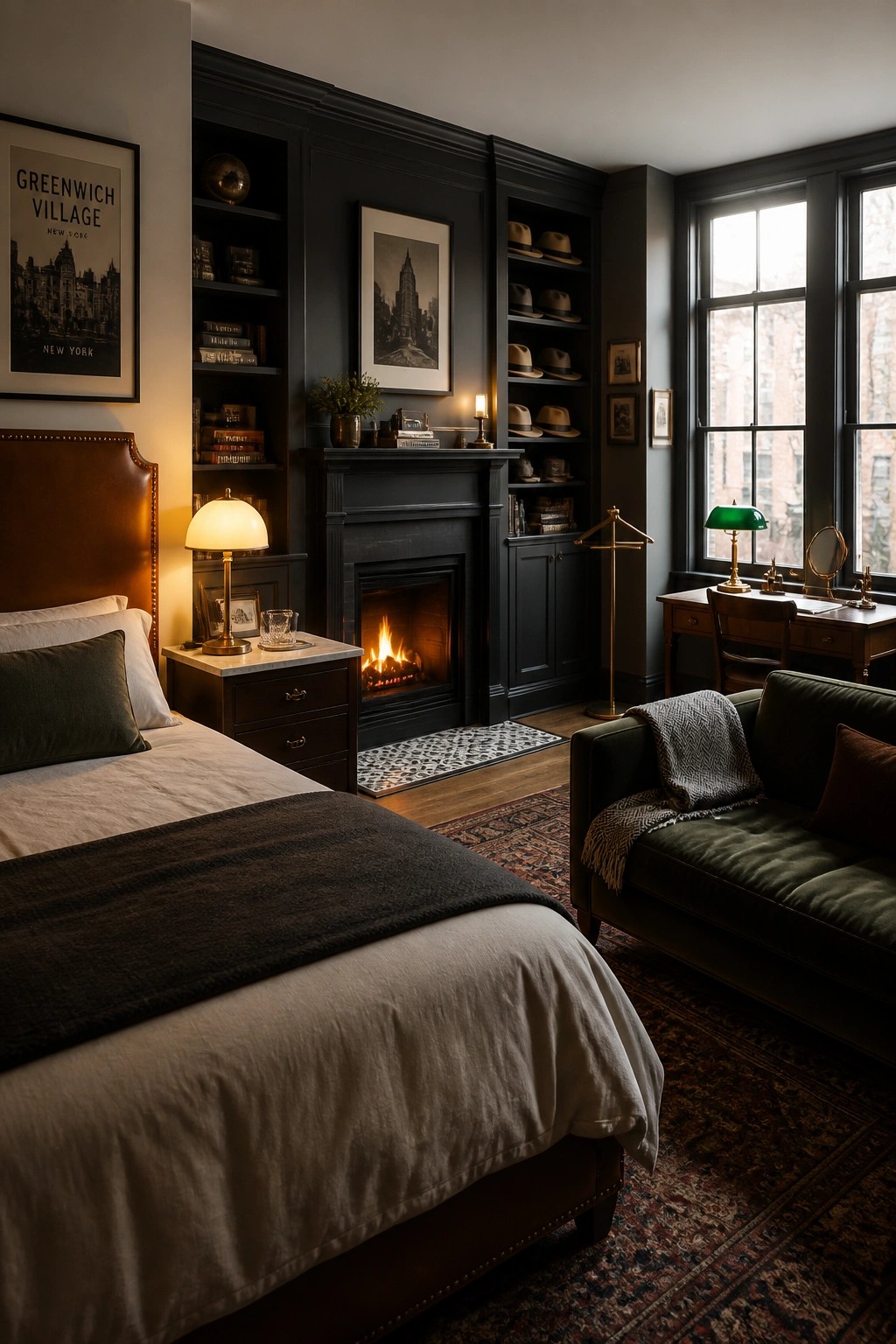 A bedroom featuring a dark built-in fireplace with flanking shelving and cabinetry, a bed with a brown leather headboard on the left, and a green sofa on the right.
